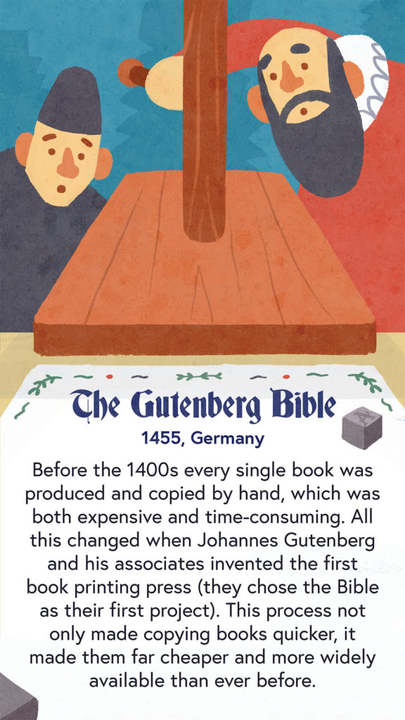 An illustration of Johannes Gutenberg and an associate standing over the first printing press. They are printing the Gutenberg bible.