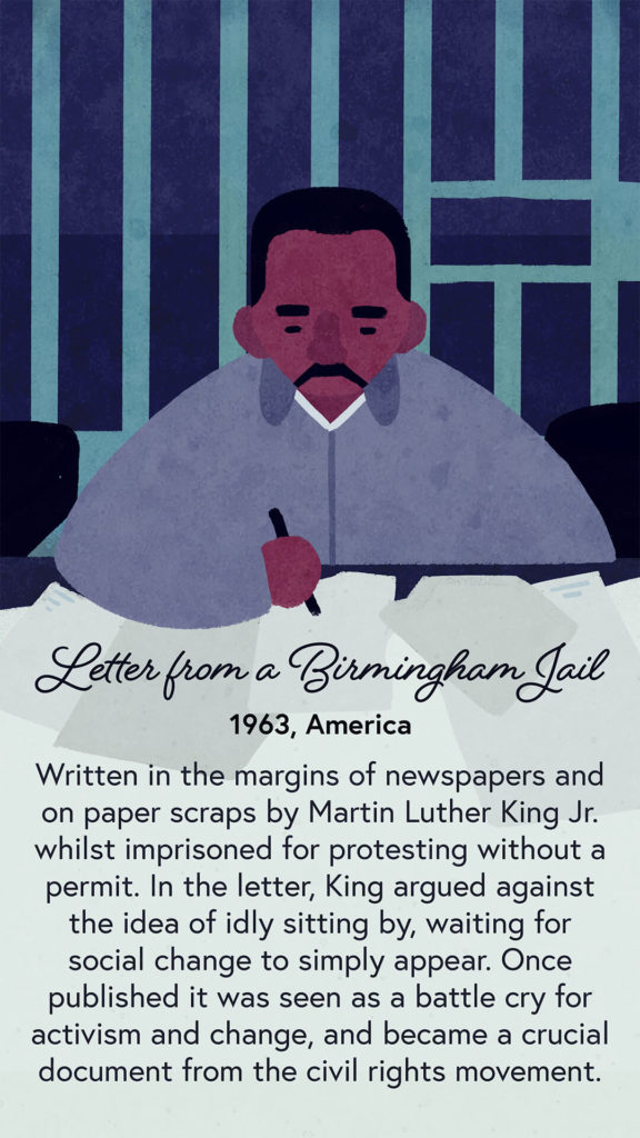 An illustration of Martin Luther King Jr writing. The table is busy with many scraps of paper. 