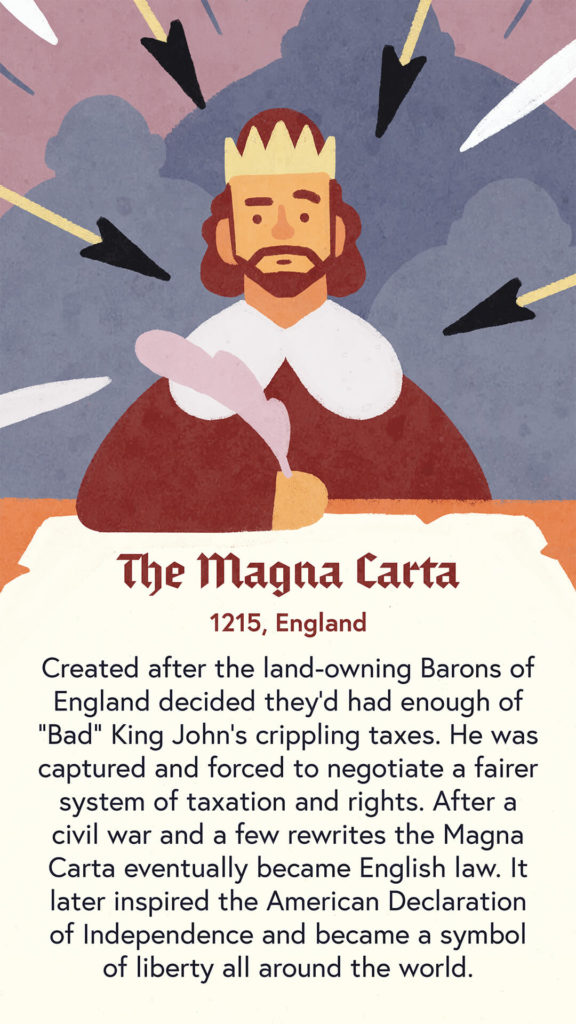 An illustration of King John of England standing sitting at a desk where he is being forced to sign the Magna Carta