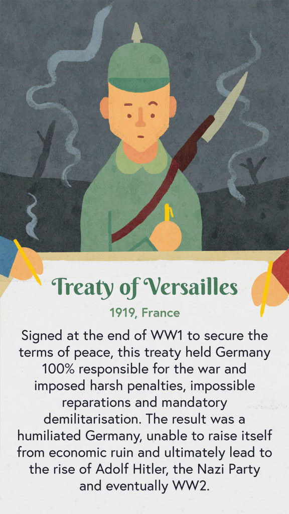 An illustration of a soldier standing on a battlefield. He is signing the Treaty of Versailles and looks apprehensive.